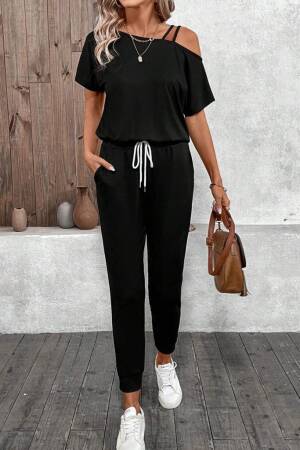 Women's One Shoulder Open Viscose Two Thread Blouse Lace-up Pants Double Set - Black