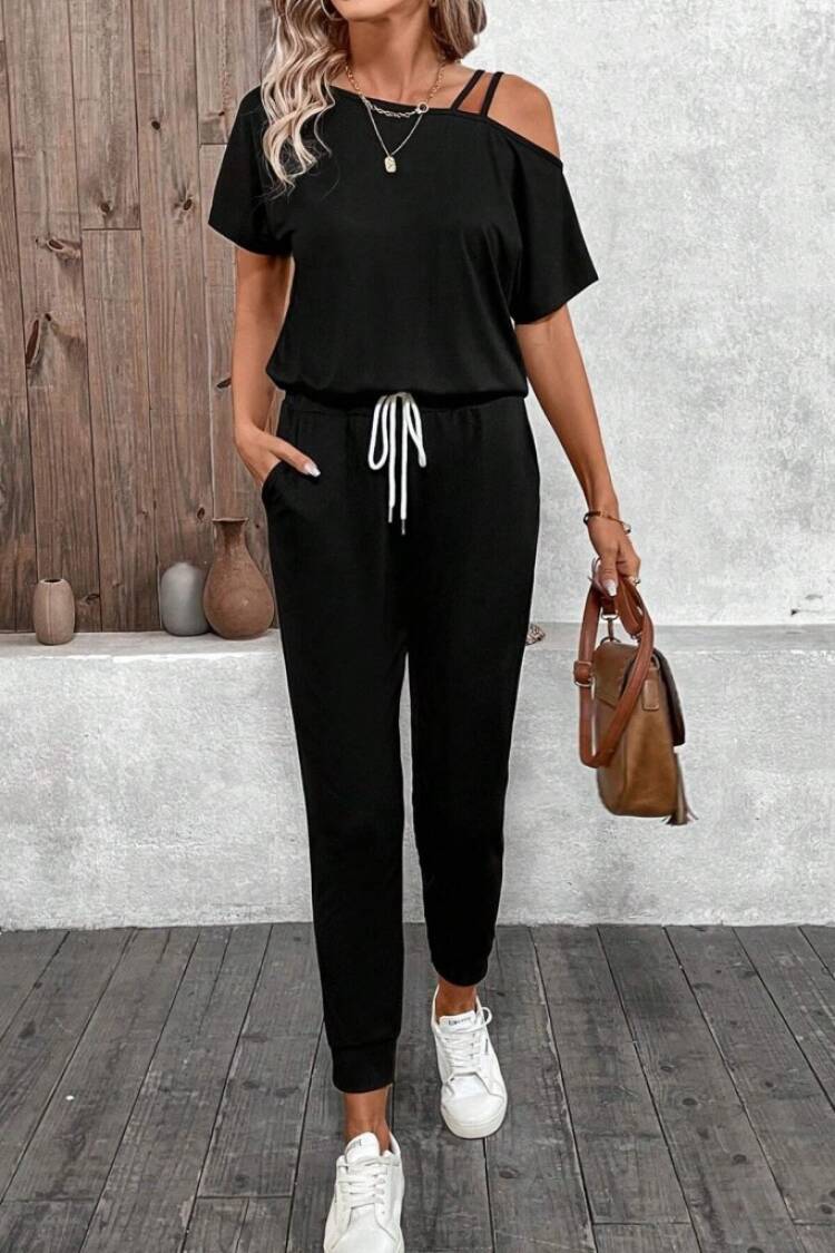 Women's One Shoulder Open Viscose Two Thread Blouse Lace-up Pants Double Set - Black