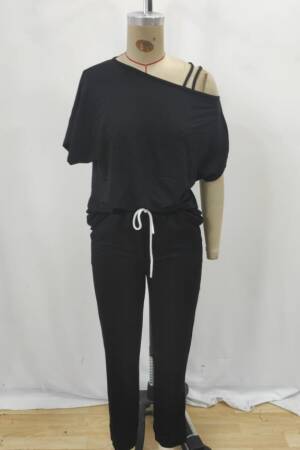 Women's One Shoulder Open Viscose Two Thread Blouse Lace-up Pants Double Set - Black