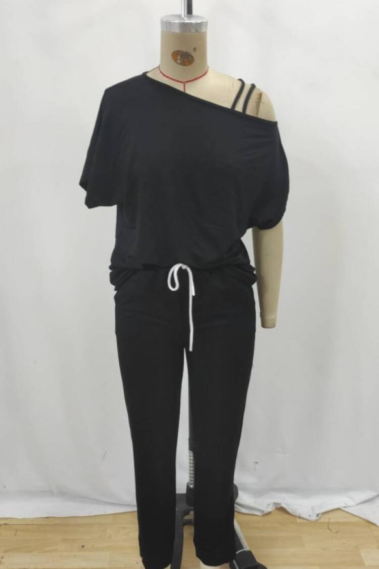 Women's One Shoulder Open Viscose Two Thread Blouse Lace-up Pants Double Set - Black