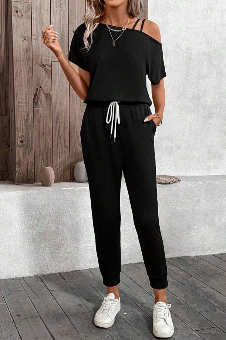 Women's One Shoulder Open Viscose Two Thread Blouse Lace-up Pants Double Set - Black