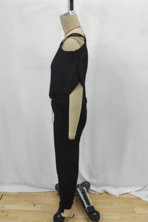 Women's One Shoulder Open Viscose Two Thread Blouse Lace-up Pants Double Set - Black