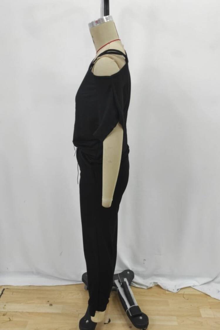 Women's One Shoulder Open Viscose Two Thread Blouse Lace-up Pants Double Set - Black