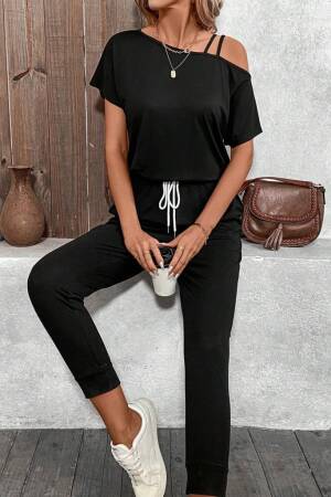 Women's One Shoulder Open Viscose Two Thread Blouse Lace-up Pants Double Set - Black