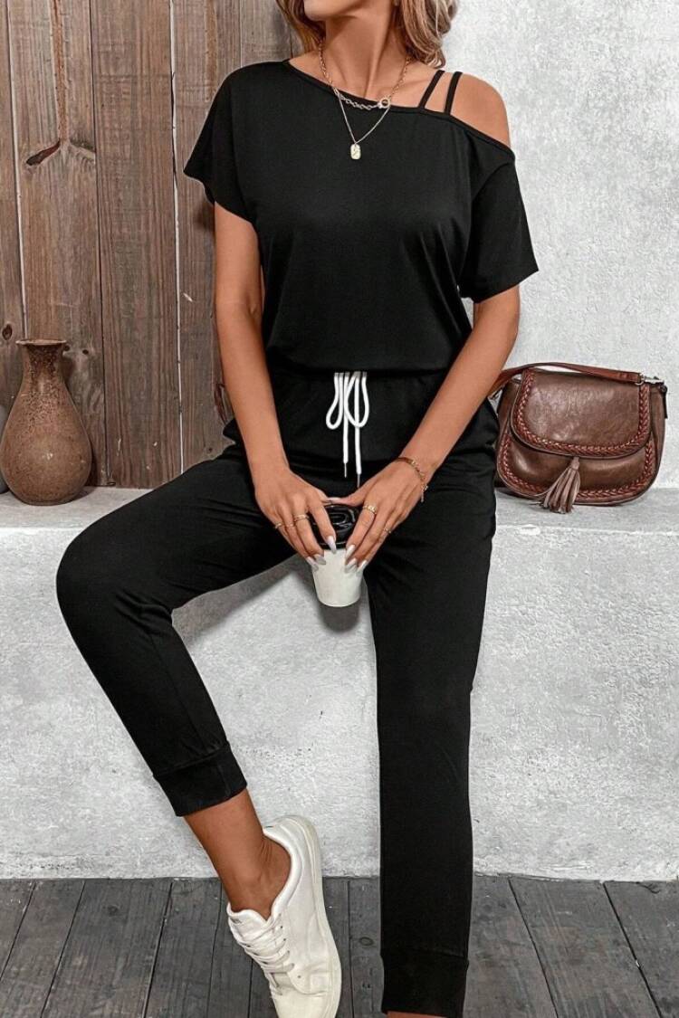 Women's One Shoulder Open Viscose Two Thread Blouse Lace-up Pants Double Set - Black