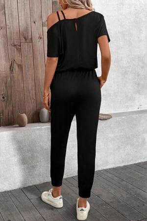 Women's One Shoulder Open Viscose Two Thread Blouse Lace-up Pants Double Set - Black