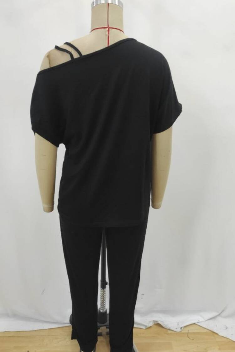 Women's One Shoulder Open Viscose Two Thread Blouse Lace-up Pants Double Set - Black