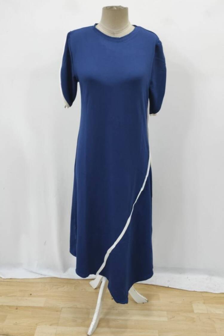 Elegant NavyA-Line Midi Dress With Short Sleeves