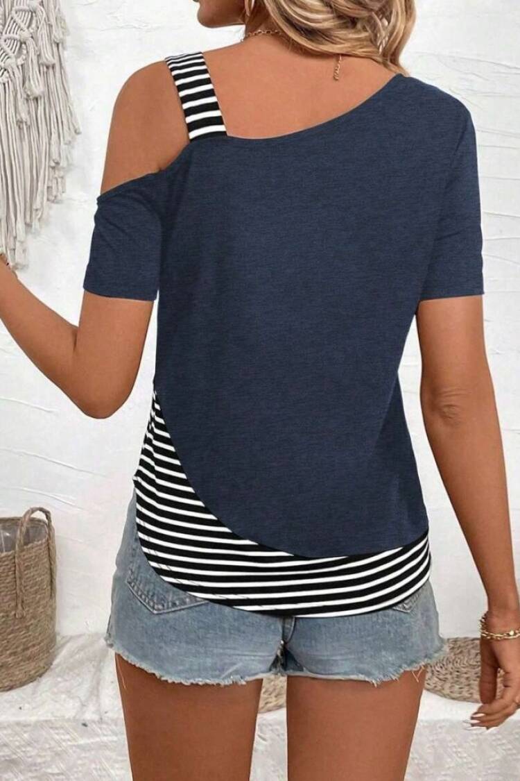 Navy Blue Casual One Shoulder Neck Blouse