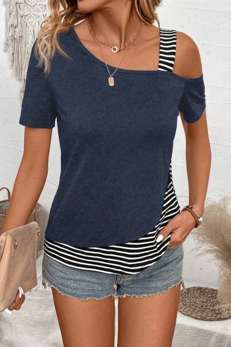 Navy Blue Casual One Shoulder Neck Blouse
