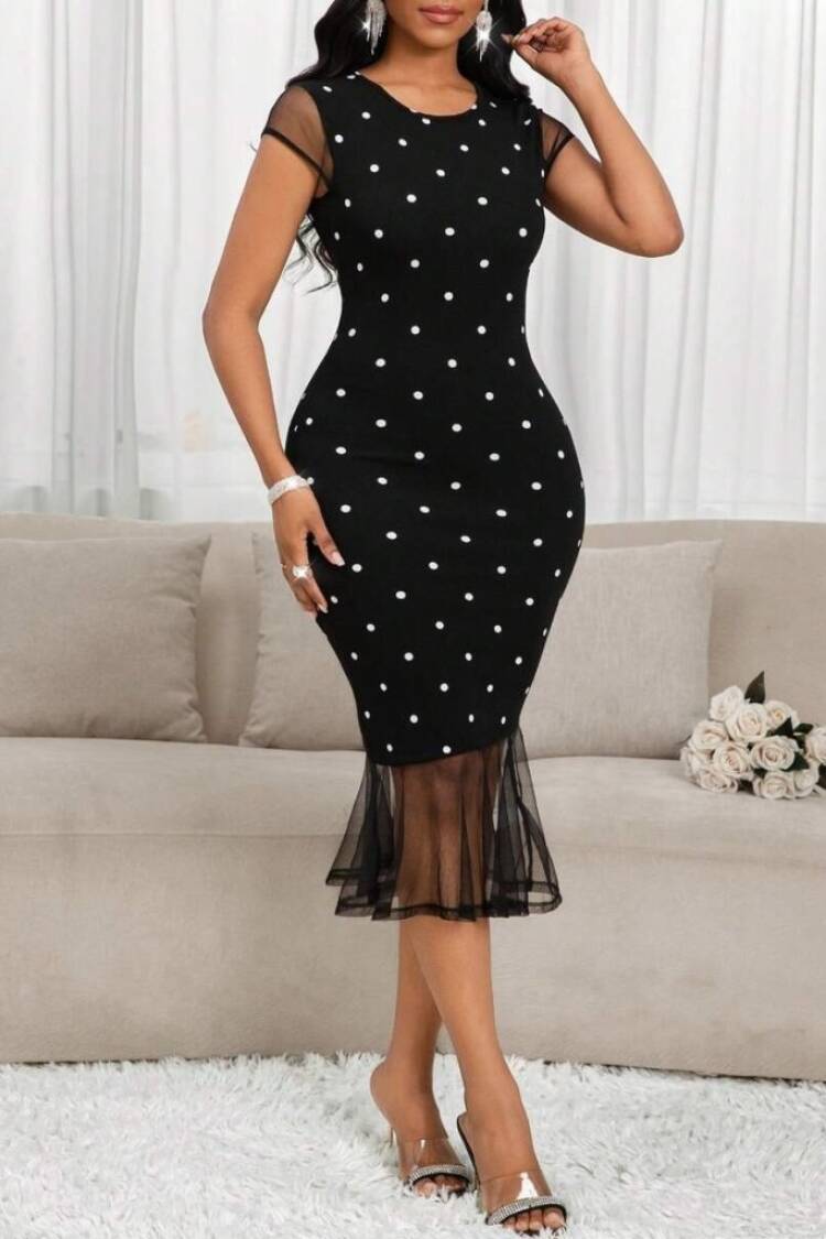 Black Dress Sexy Elegant Formal Polka Dot Bodycon Midi