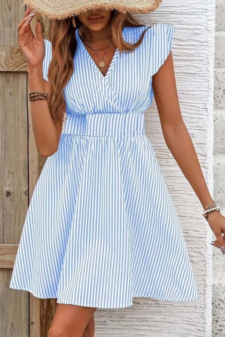 Blue Casual Striped V-Neck Skater Dress