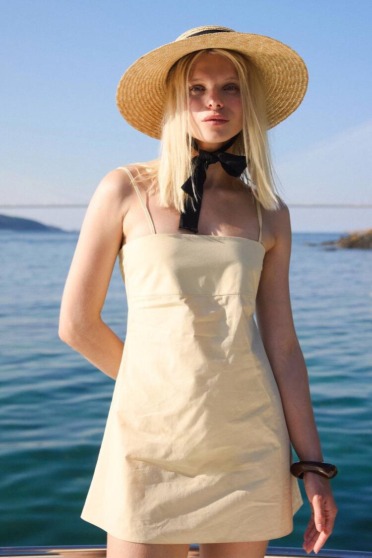 Beige Sleeveless Square Neck Slip Mini Dress