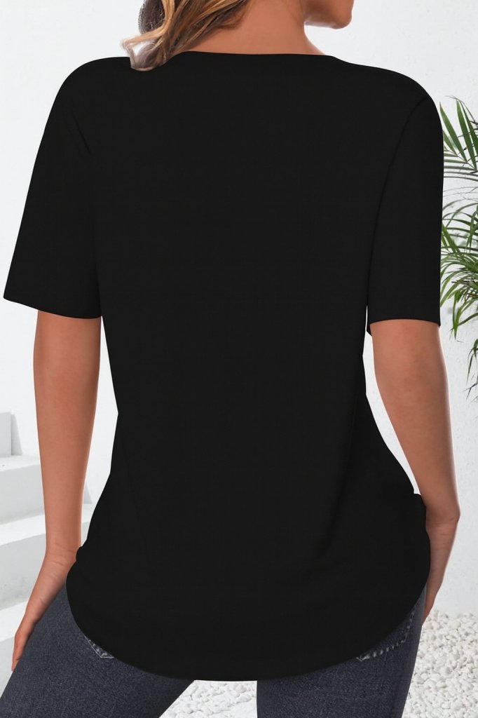Black Blouse With Notched Neck And Short Sleeves