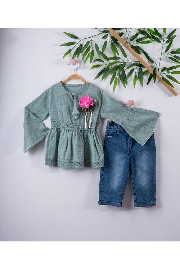 2-Piece Girl Set with Pompom Voile and Capri 3-6Y - Brand: Büşra Bebe - Kids & Baby Clothes Wholesale - Globality Store