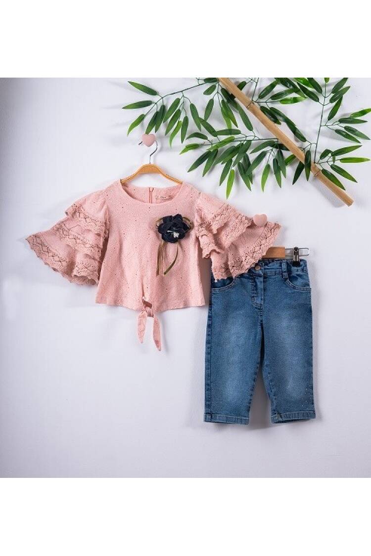 2-Piece Girl Set with Ruffled Blouse and Capri Jean 3-6Y - Brand: Büşra Bebe - Kids & Baby Clothes Wholesale - Globality Store