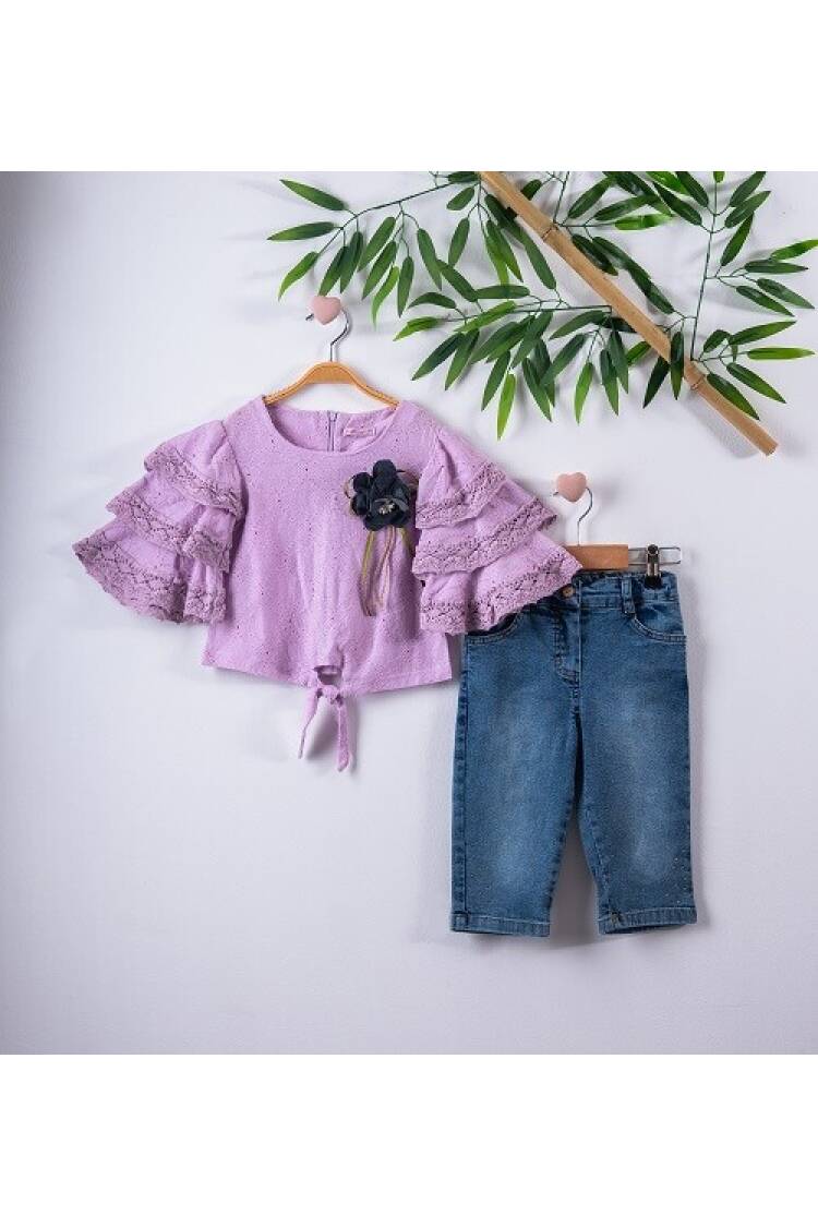 2-Piece Girl Set with Ruffled Blouse and Capri Jean 3-6Y - Brand: Büşra Bebe - Kids & Baby Clothes Wholesale - Globality Store