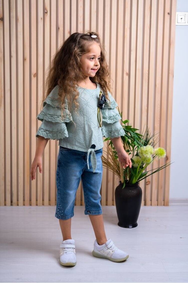 2-Piece Girl Set with Ruffled Blouse and Capri Jean 3-6Y - Brand: Büşra Bebe - Kids & Baby Clothes Wholesale - Globality Store