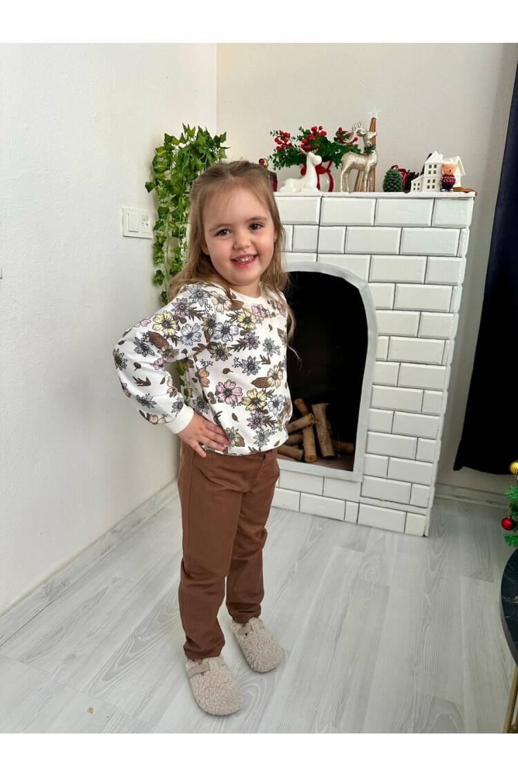 6-Piece Floral Design Top Brown Gabardine Trouser Set 2-10Y - Brand: KidsRoom - Kids & Baby Clothes Wholesale - Globality Store