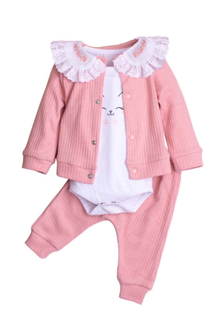 Embroidered Collar Cardigan and Bodysuit 3-Piece Set 3-12M - Brand: Kidexs - Kids & Baby Clothes Wholesale - Globality Store