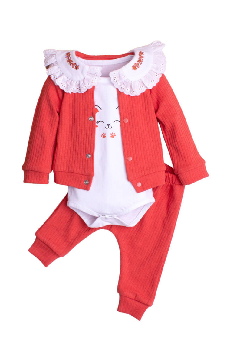 Embroidered Collar Cardigan and Bodysuit 3-Piece Set 3-12M - Brand: Kidexs - Kids & Baby Clothes Wholesale - Globality Store