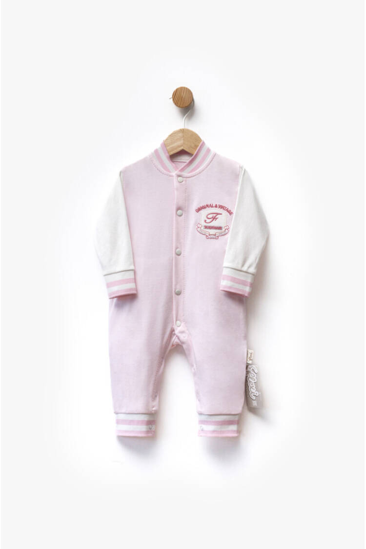 F Letter Embroidered Striped Cuffed Front Snap Two Color Jumpsuit 3-9M - Brand: Flexi Baby - Kids & Baby Clothes Wholesale - Globality Store