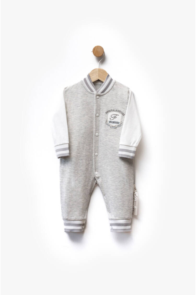F Letter Embroidered Striped Cuffed Front Snap Two Color Jumpsuit 3-9M - Brand: Flexi Baby - Kids & Baby Clothes Wholesale - Globality Store
