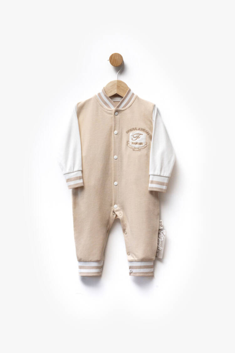 F Letter Embroidered Striped Cuffed Front Snap Two Color Jumpsuit 3-9M - Brand: Flexi Baby - Kids & Baby Clothes Wholesale - Globality Store