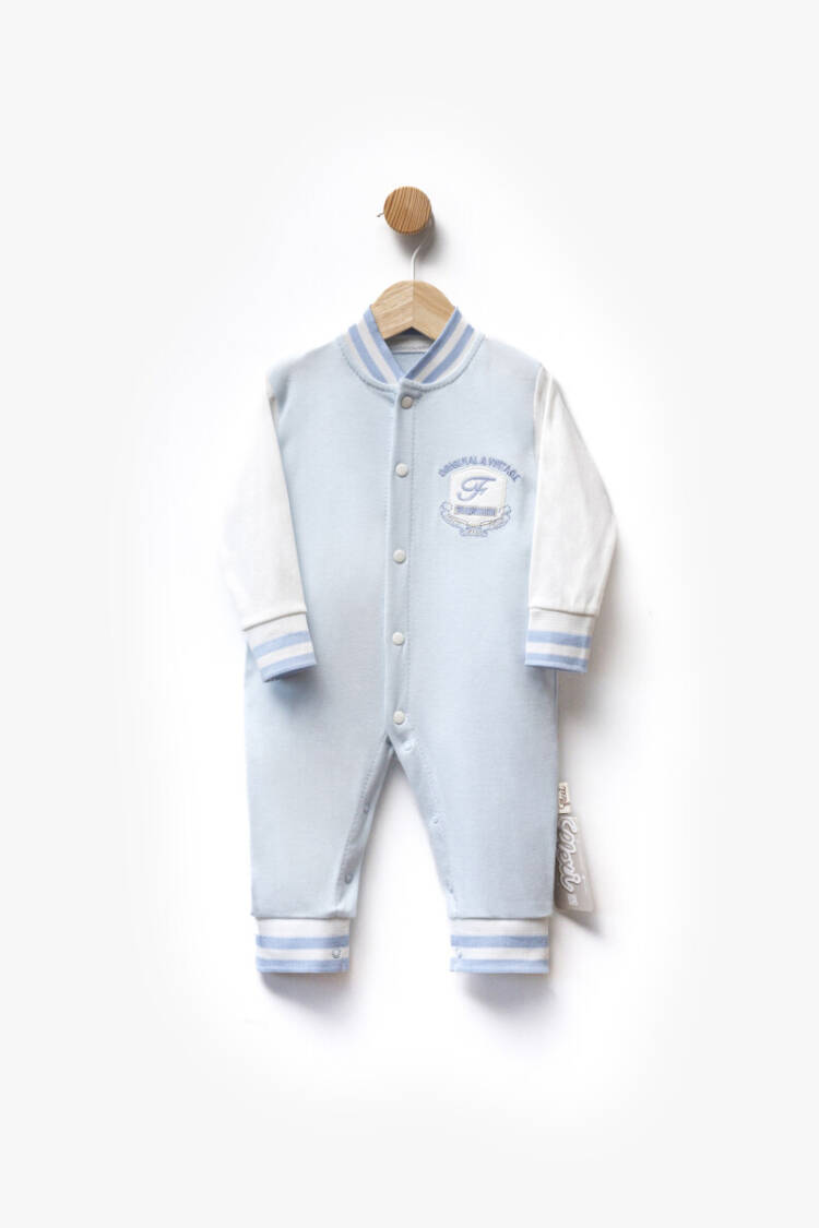 F Letter Embroidered Striped Cuffed Front Snap Two Color Jumpsuit 3-9M - Brand: Flexi Baby - Kids & Baby Clothes Wholesale - Globality Store