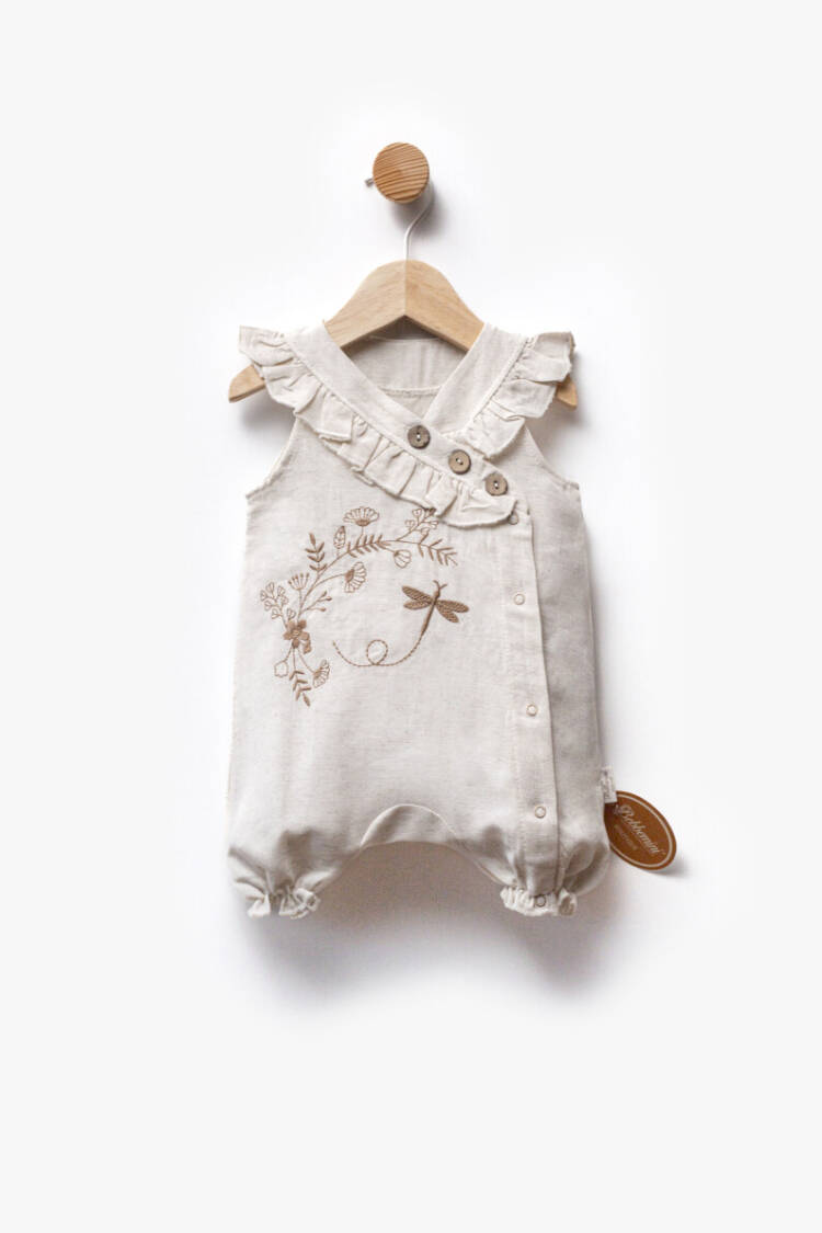 Floral Embroidered Ruffle Detailed Linen Fabric Jumpsuit 3-9M - Brand: Bebbemini - Kids & Baby Clothes Wholesale - Globality Store