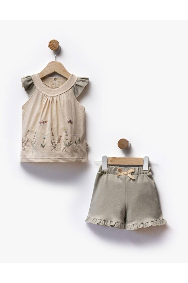 Floral Embroidered Sleeves Ruffle Detailed T-Shirt Shorts Two Piece Set 6-36M - Brand: Flexi Baby - Kids & Baby Clothes Wholesale - Globality Store