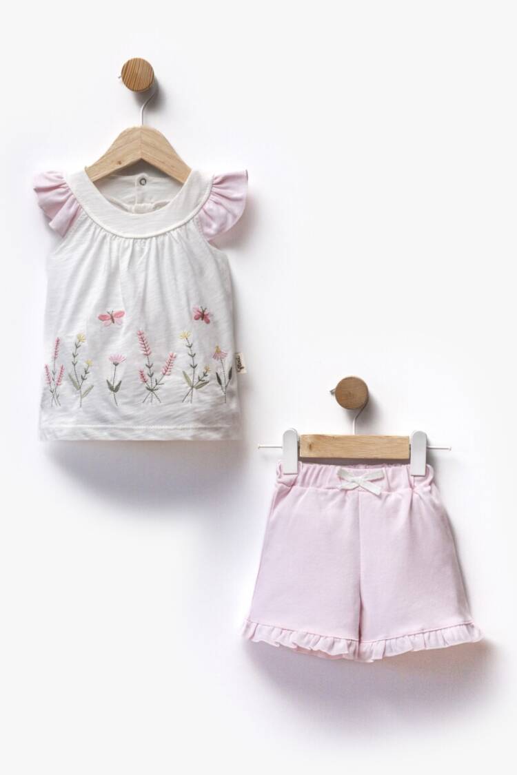 Floral Embroidered Sleeves Ruffle Detailed T-Shirt Shorts Two Piece Set 6-36M - Brand: Flexi Baby - Kids & Baby Clothes Wholesale - Globality Store