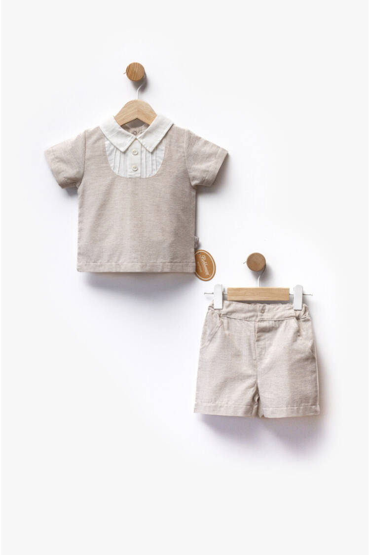 Linen Fabric Shirt Collar T-Shirt And Shorts Two-Piece Set 6-36M - Brand: Bebbemini - Kids & Baby Clothes Wholesale - Globality Store