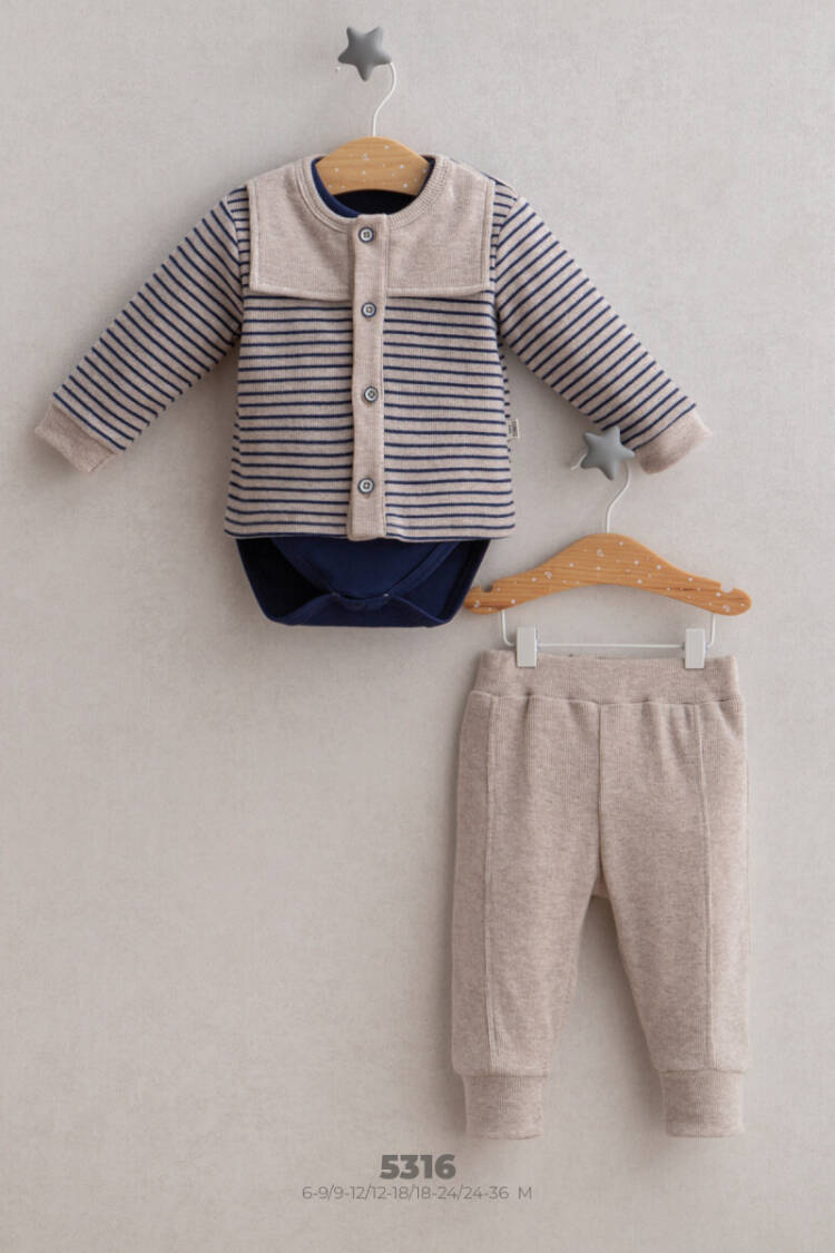 Wholesale Baby Boy 3-Piece Cardigan Bodysuit and Trousers Set 6-24M - Brand: Tongs - Kids & Baby Clothes Wholesale - Globality Store