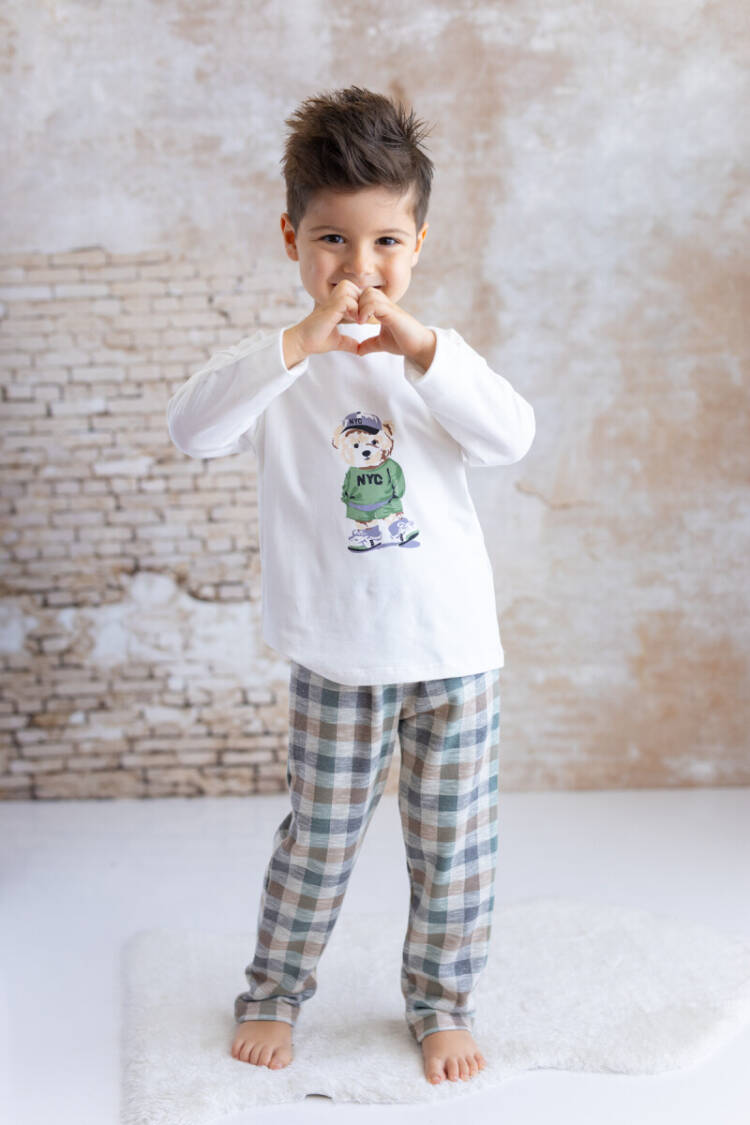 Wholesale Baby Boy Bear Printed Body and Plaid Pants Set 6-48M - Brand: Mininio - Kids & Baby Clothes Wholesale - Globality Store