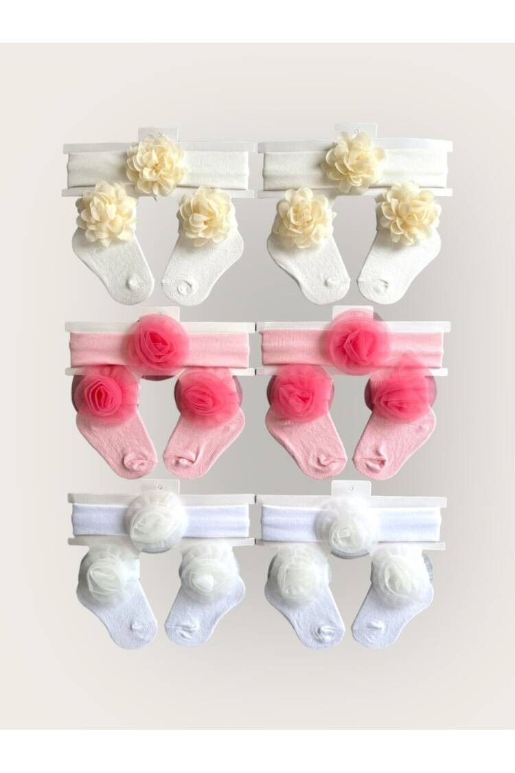 Wholesale Baby Girls Flowers Headband and Socks Set 0-6M - Brand: Algiy Mini - Kids & Baby Clothes Wholesale - Globality Store