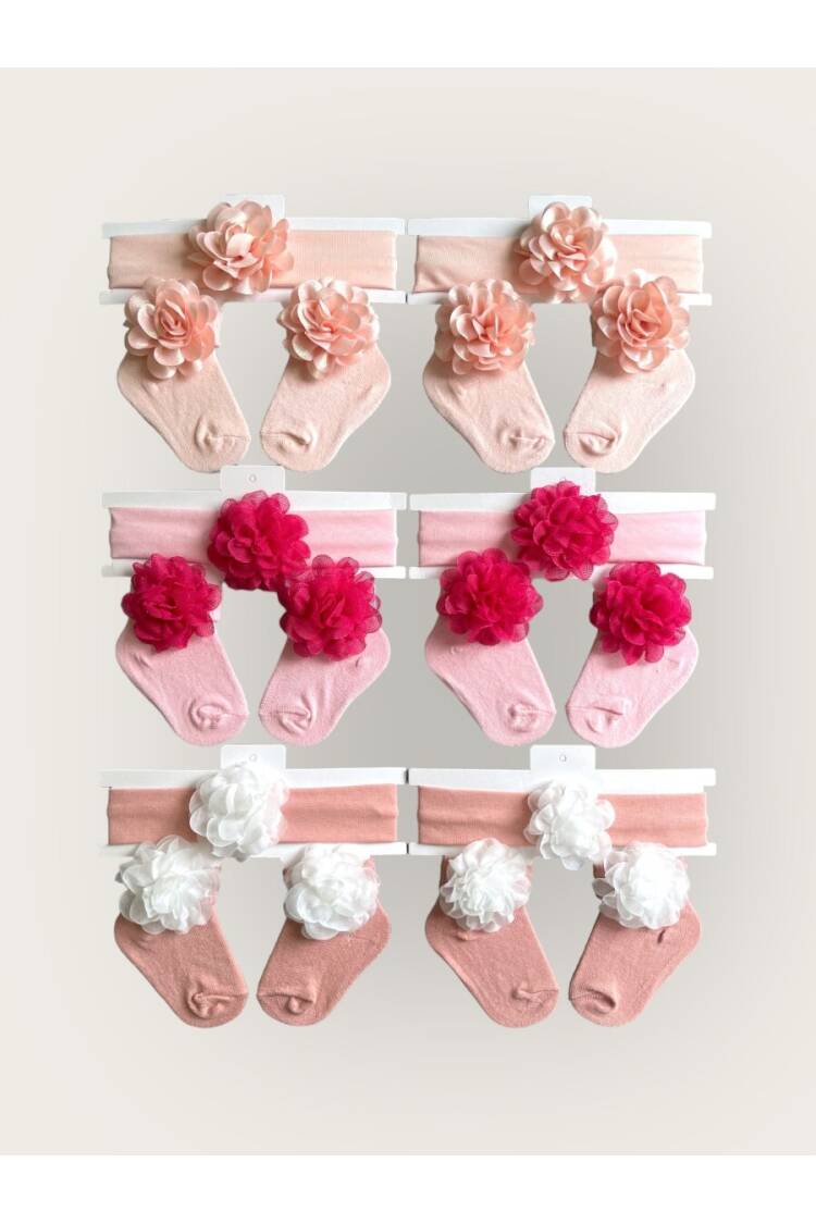 Wholesale Baby Girls Flowers Headband and Socks Set 0-6M - Brand: Algiy Mini - Kids & Baby Clothes Wholesale - Globality Store