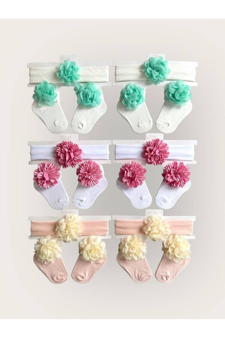 Wholesale Baby Girls Flowers Headband and Socks Set 0-6M - Brand: Algiy Mini - Kids & Baby Clothes Wholesale - Globality Store