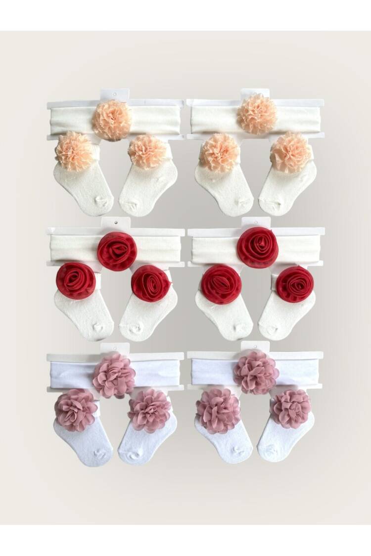 Wholesale Baby Girls Flowers Headband and Socks Set 0-6M - Brand: Algiy Mini - Kids & Baby Clothes Wholesale - Globality Store