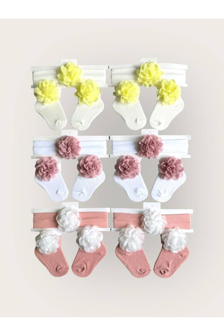 Wholesale Baby Girls Flowers Headband and Socks Set 0-6M - Brand: Algiy Mini - Kids & Baby Clothes Wholesale - Globality Store