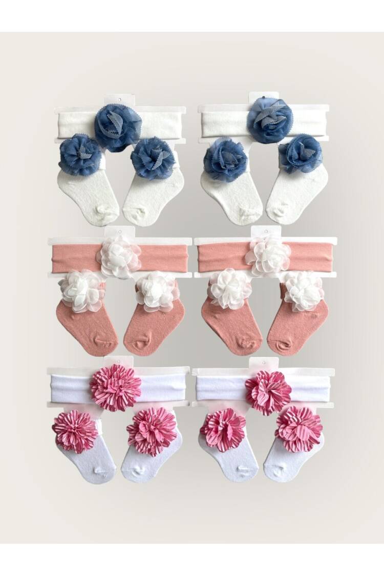 Wholesale Baby Girls Flowers Headband and Socks Set 0-6M - Brand: Algiy Mini - Kids & Baby Clothes Wholesale - Globality Store