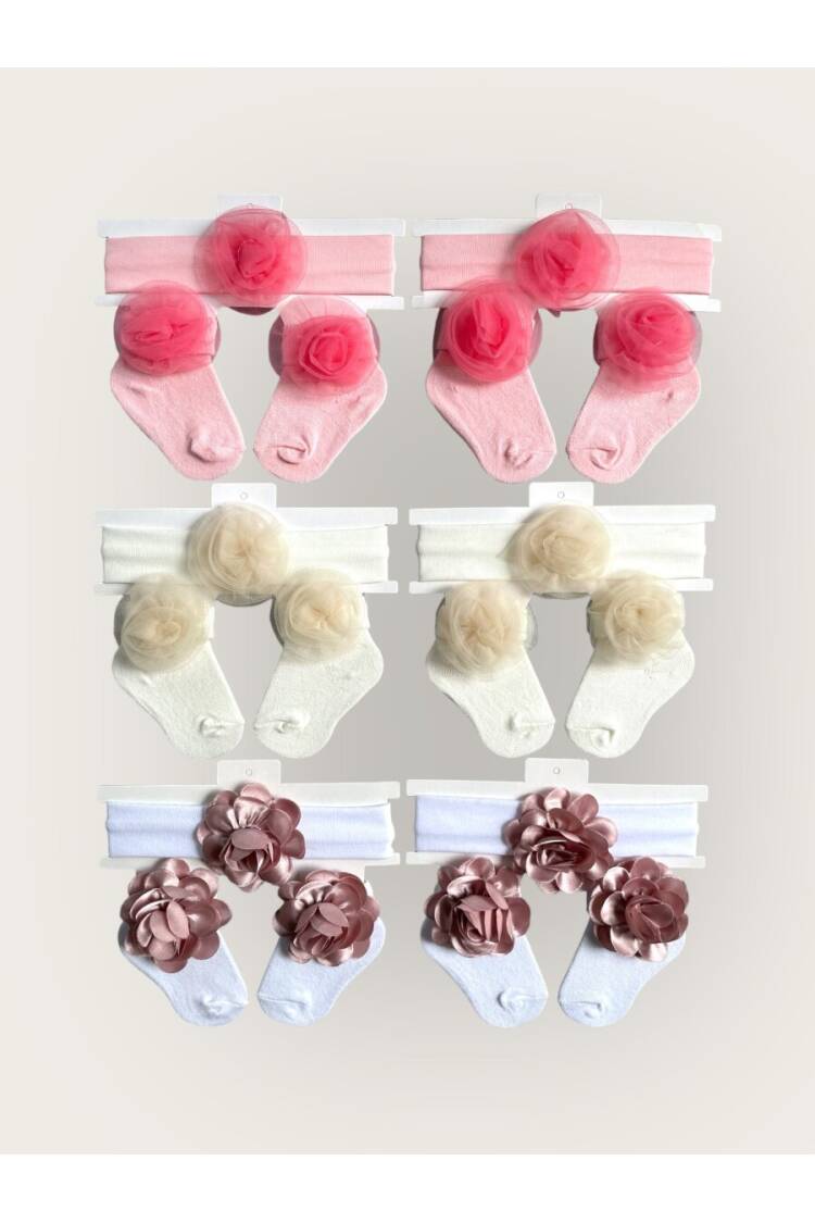 Wholesale Baby Girls Flowers Headband and Socks Set 0-6M - Brand: Algiy Mini - Kids & Baby Clothes Wholesale - Globality Store