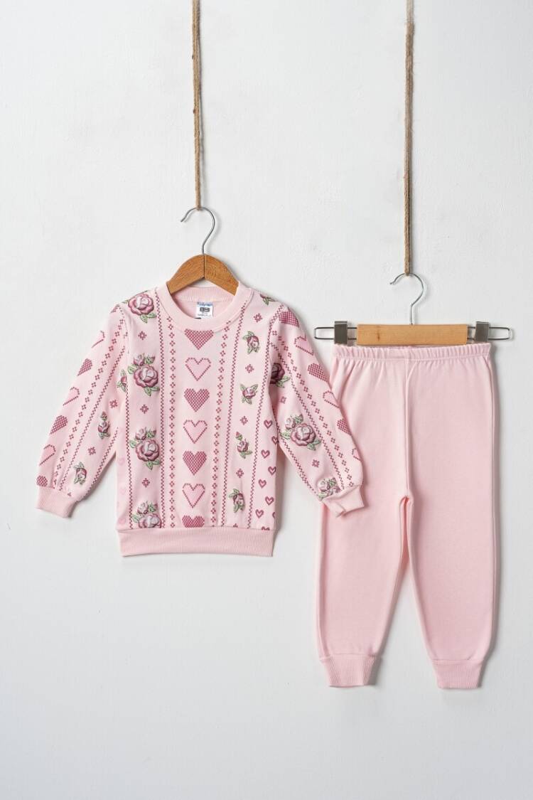 Wholesale Cross Stitch Hearts Embossed Printed 2 Piece Girl Set 2-4Y - Brand: Hoppidik - Kids & Baby Clothes Wholesale - Globality Store