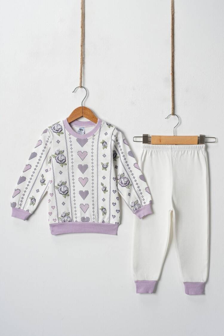 Wholesale Cross Stitch Hearts Embossed Printed 2 Piece Girl Set 2-4Y - Brand: Hoppidik - Kids & Baby Clothes Wholesale - Globality Store