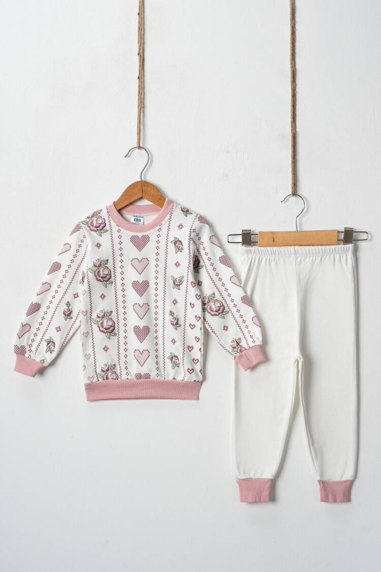 Wholesale Cross Stitch Hearts Embossed Printed 2 Piece Girl Set 2-4Y - Brand: Hoppidik - Kids & Baby Clothes Wholesale - Globality Store