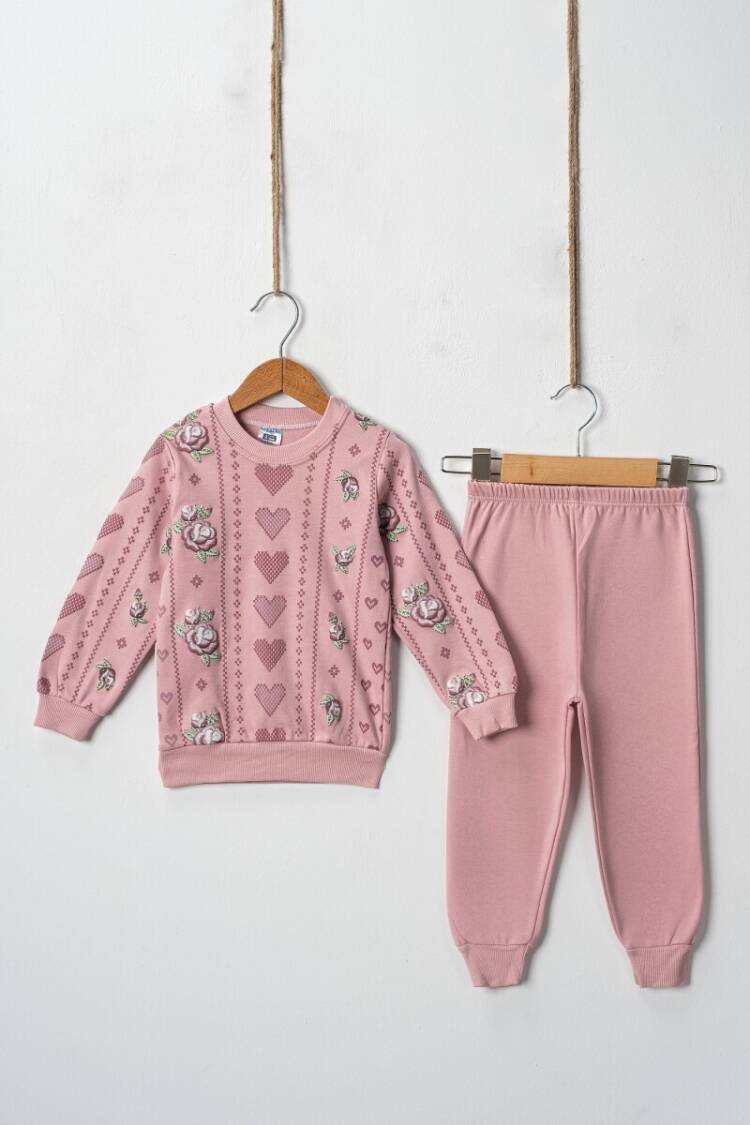 Wholesale Cross Stitch Hearts Embossed Printed 2 Piece Girl Set 2-4Y - Brand: Hoppidik - Kids & Baby Clothes Wholesale - Globality Store