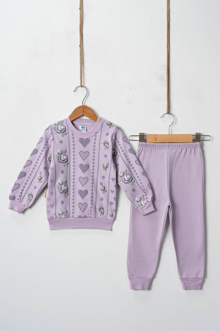 Wholesale Cross Stitch Hearts Embossed Printed 2 Piece Girl Set 2-4Y - Brand: Hoppidik - Kids & Baby Clothes Wholesale - Globality Store