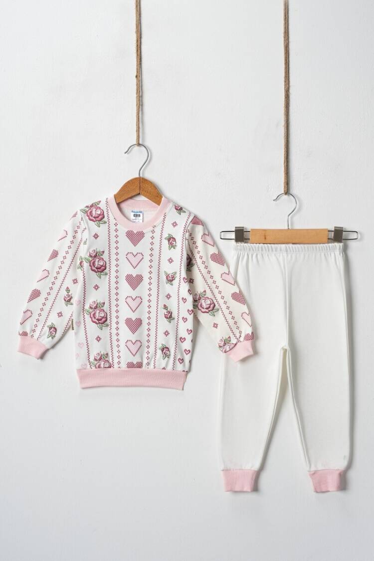 Wholesale Cross Stitch Hearts Embossed Printed 2 Piece Girl Set 2-4Y - Brand: Hoppidik - Kids & Baby Clothes Wholesale - Globality Store