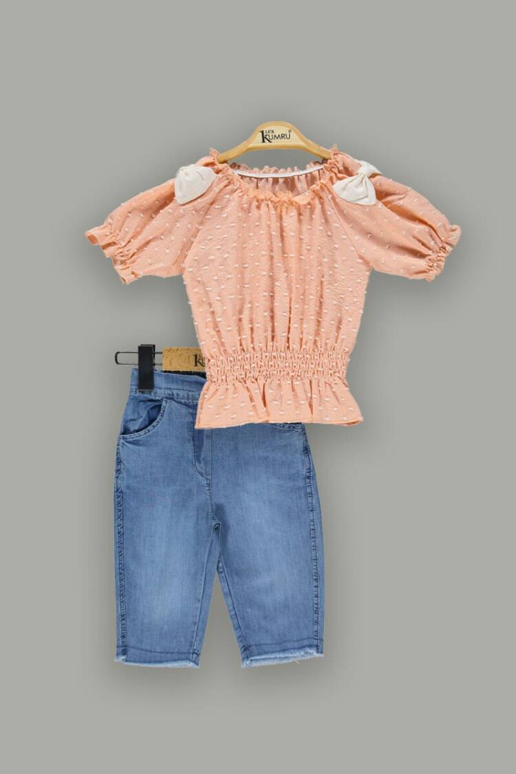 Wholesale Girls 2-Piece Sets with Spotted Blouse and Denim Shorts 2-5Y - Brand: Kumru Bebe - Kids & Baby Clothes Wholesale - Globality Store