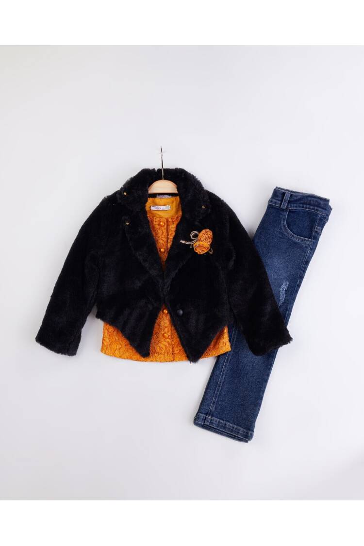 Wholesale Girl's 3-Piece Fur Jacket Lace Blouse Jeans Pants Set with Bag 2-6Y - Brand: Miss Lore - Kids & Baby Clothes Wholesale - Globality Store